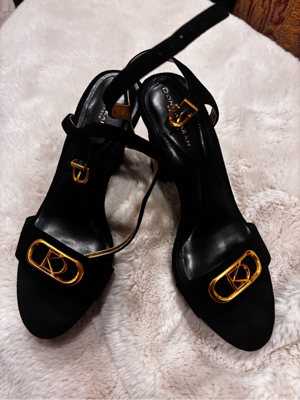 Donna Karan Black Suede Strappy Heels with Gold Hardware